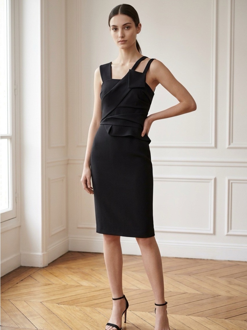 Karen Millen Black Asymmetric Strap Midi Dress